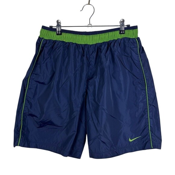 Vintage Nike 90’s Men’s Navy Blue Green Swoosh Swim Trunks Shorts Size L - Picture 1 of 9
